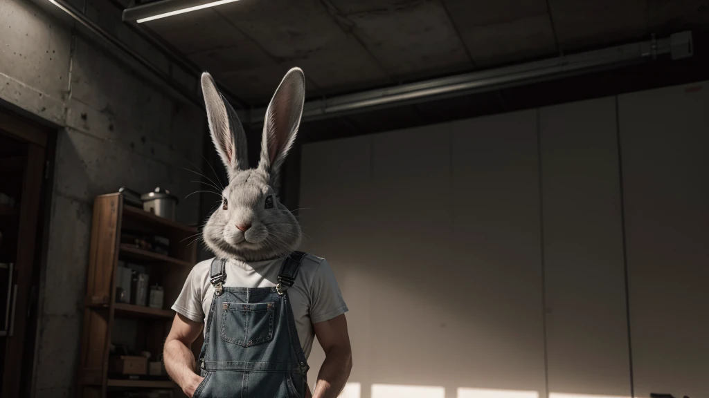 gray rabbit wearing overalls and iron toolbox, cinematic lighting, 1080P, 1080P, HD, 4K, 16K, 1080P, 1080P