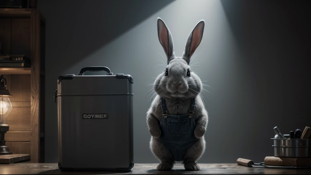 gray rabbit wearing overalls and iron toolbox, cinematic lighting, 1080P, 1080P, HD, 4K, 16K, 1080P, 1080P