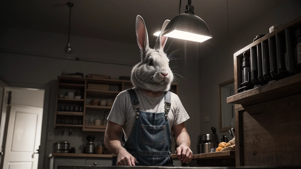 gray rabbit wearing overalls and iron toolbox, cinematic lighting, 1080P, 1080P, HD, 4K, 16K, 1080P, 1080P