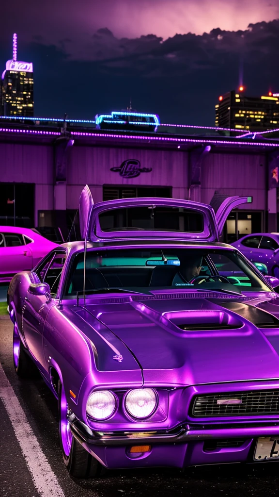 purple car with hood open on street with buildings in background, lowrider style, swagger! lowrider culture, purple neon, muscle cars, purple glow, lowriders, glowing purple, ultraviolet and neon colors, purple - tinted, low purple flame, purple tornado, purple color lighting, purple lightning, neon purple, car photography, moody purple glow light, auto photography