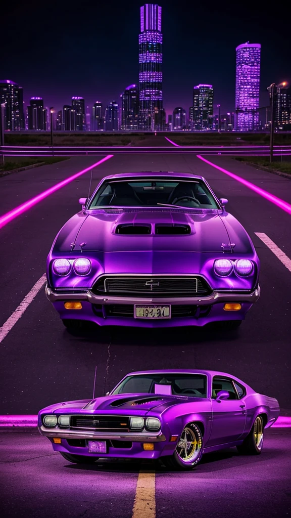 purple car with hood open on street with buildings in background, lowrider style, swagger! lowrider culture, purple neon, muscle cars, purple glow, lowriders, glowing purple, ultraviolet and neon colors, purple - tinted, low purple flame, purple tornado, purple color lighting, purple lightning, neon purple, car photography, moody purple glow light, auto photography