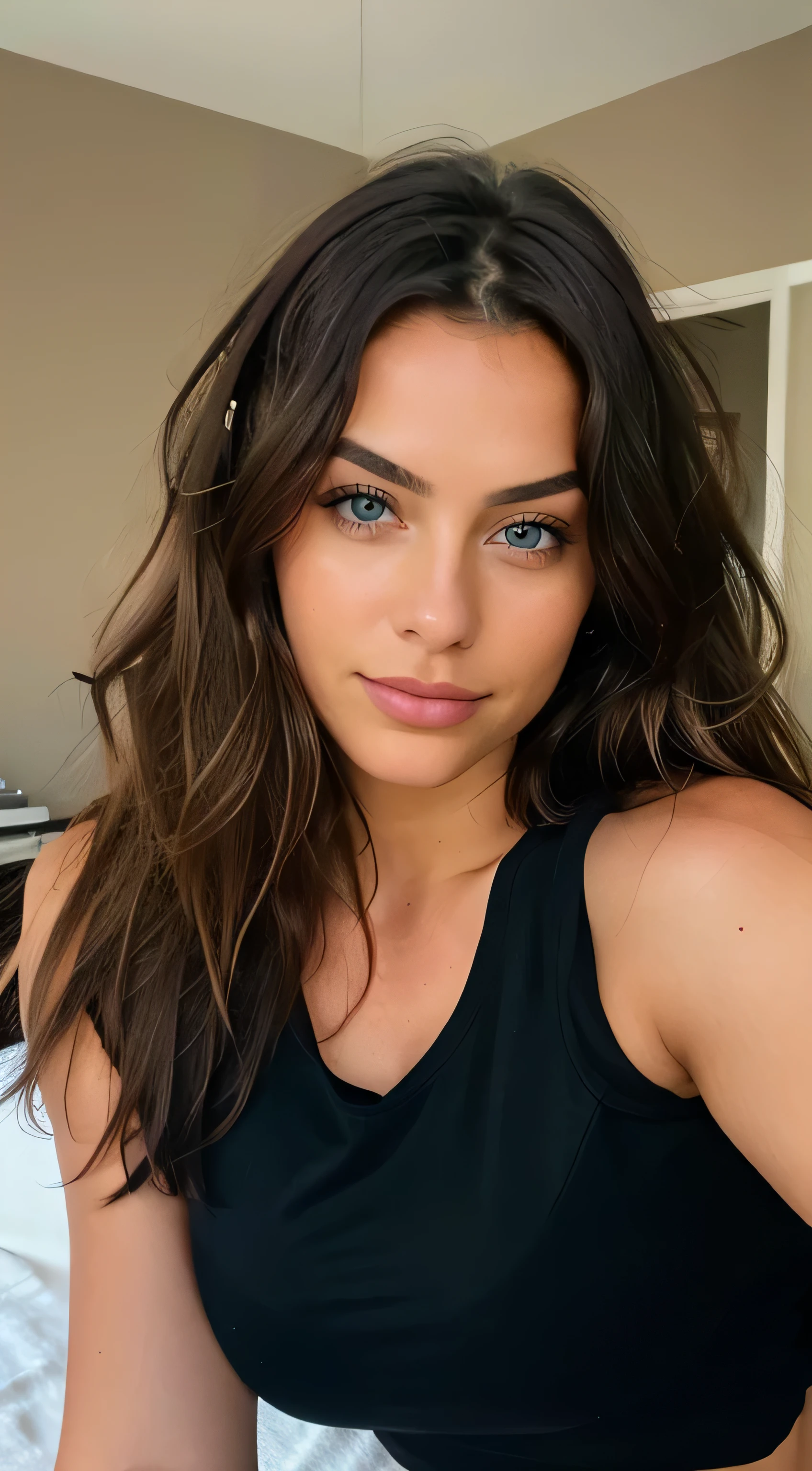 Beautiful brunette with blonde highlights wearing a black t-shirt (in a room ), Very detailed, 22 years, , tits, innocent face, natural wavy hair, Blue eyes, high resolution, Masterpiece, Best Quality, Intricate high detail, Very detailed, sharp focus, detailed skin, realistic skin texture, texture, detailed eyes, professional, 4k, charming smile, shot on Canon, 85mm, shallow depth of field, Kodak Vision Color, body in perfect shape , extremely detailed, Photography_\(ultra\), Fotorrealist, realist, Post processing, Maximum details, roughness, real life, ultra realist, photorealism, Photography, 8k hd, Photography, busty