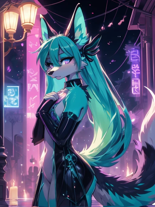 Obra maestra High Definition, Miku Hatsune x vixen, aqua body add_detail:1 primer plano  High Definition, jealous, hands together upset, High Definition, purple iris, add_detail:1, fullbody add_detail:1, black decorations on the furry tail add_detail:1