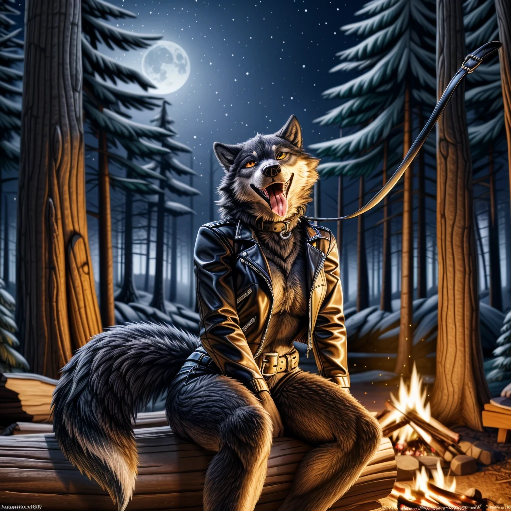 Sitting in front of campfire on log, female, 30 years old, happy, mouth open with tongue hanging out, black leather jacket, anthro, wolf ears, (black fur:1.5), wolf, forest background, 8k, hi res, (best quality, masterpiece), (wolf tail:1.5), detailed fur, solo, looking at camera, night, leash, collar,