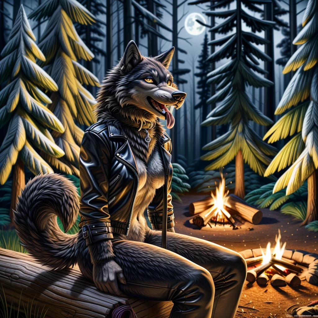Sitting in front of campfire on log, female, 30 years old, happy, mouth open with tongue hanging out, black leather jacket, anthro, wolf ears, (black fur:1.5), wolf, forest background, 8k, hi res, (best quality, masterpiece), (wolf tail:1.5), detailed fur, solo, looking at camera, night, leash, collar,