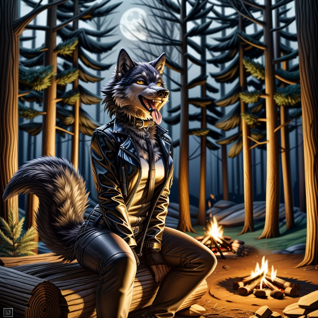 Sitting in front of campfire on log, female, 30 years old, happy, mouth open with tongue hanging out, black leather jacket, anthro, wolf ears, (black fur:1.5), wolf, forest background, 8k, hi res, (best quality, masterpiece), (wolf tail:1.5), detailed fur, solo, looking at camera, night, leash, collar,
