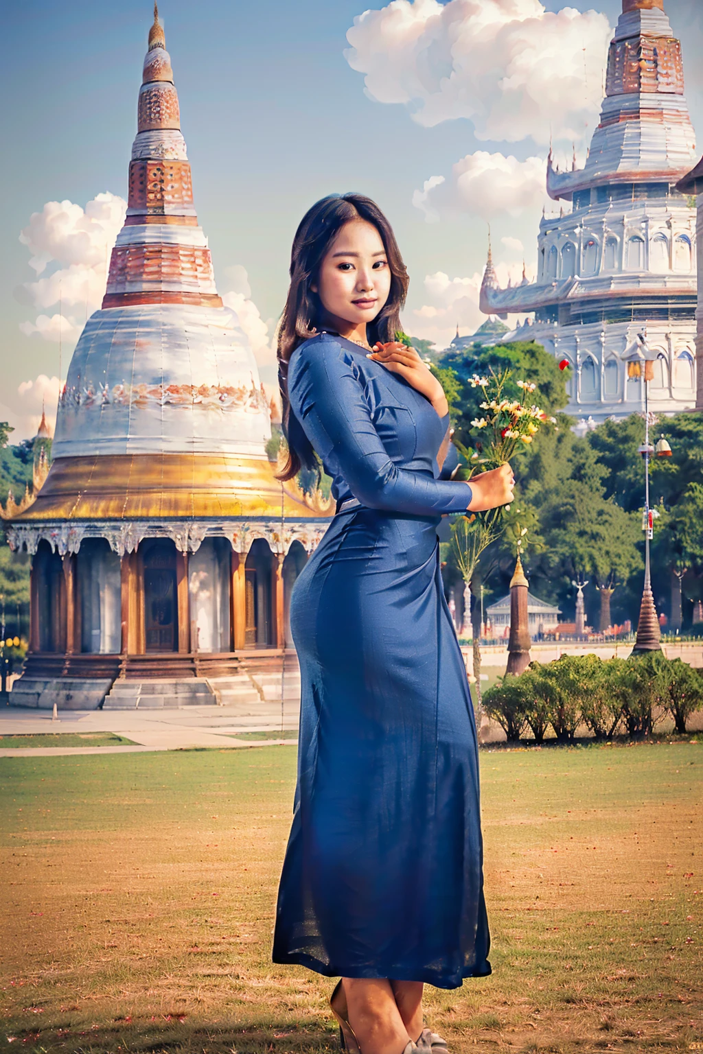arafed asian woman in a satin dress standing in front of a crowd, (((full body view:2))), ((pretty lady MoonLay:1.2)), (pretty lady MoonLay), ((((pretty lady MoonLay's innocent cute face and cute small smile:1.3)))), (random other girls), ((wearing Myanmar traditional elegant and stylish affair:1.2)), ((white top and red bottom satin dress color:1.2)), blue stiletto high heel, south east asian with square face, traditional beauty, beautiful asian girl, anime thai girl, a young beautiful asian woman, (((photorealistic background))), ((in a park with Myanmar temple and pagoda at far background:1.5)), (((realistic sky and cloud:1.3))), (cinematic enhance HDR portrait lighting, perfect anatomy, cannon mark v, DSLR quality, (perfect anatomy).