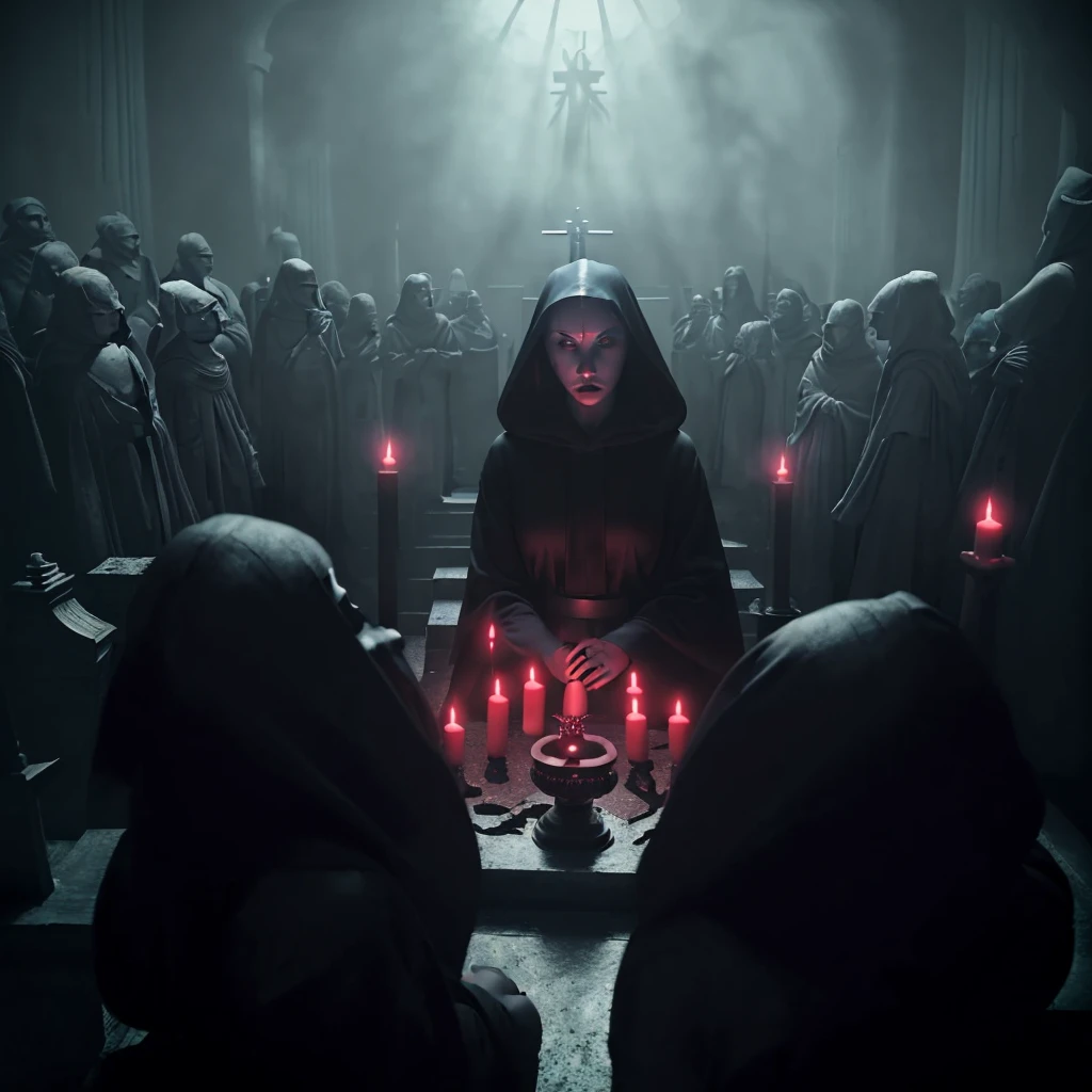 (very sharp result, cinematic desaturated photo) (((dramatic shading))), (((Best Quality))), (((masterpiece))) (((hyper realistic photo))) in starwars universe, gloomy sacred horror magical mood, dramatic backlight shadow, wide view of a sith temple, gothical room ambience, there`s many high priestess japanese girl in black cult hoodie, during a sacrifice ritual, pale skin, mysterious sinister bright red eyes sit at the centre of ritual altar, surrounded by high priestesses