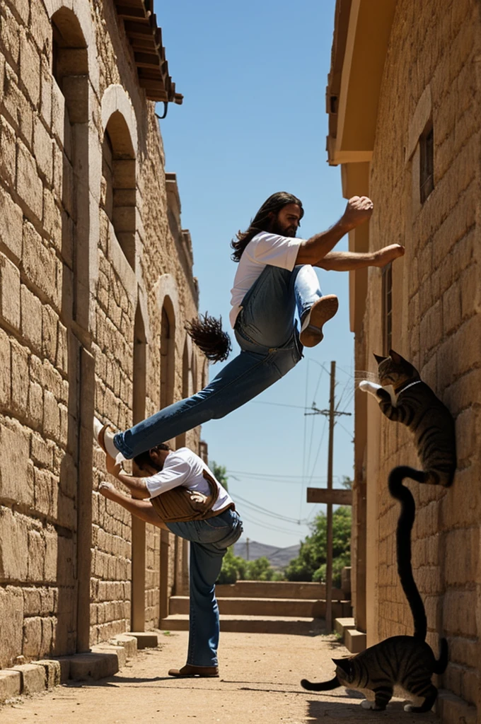 Make Jesus kicking a cat in bell-bottoms