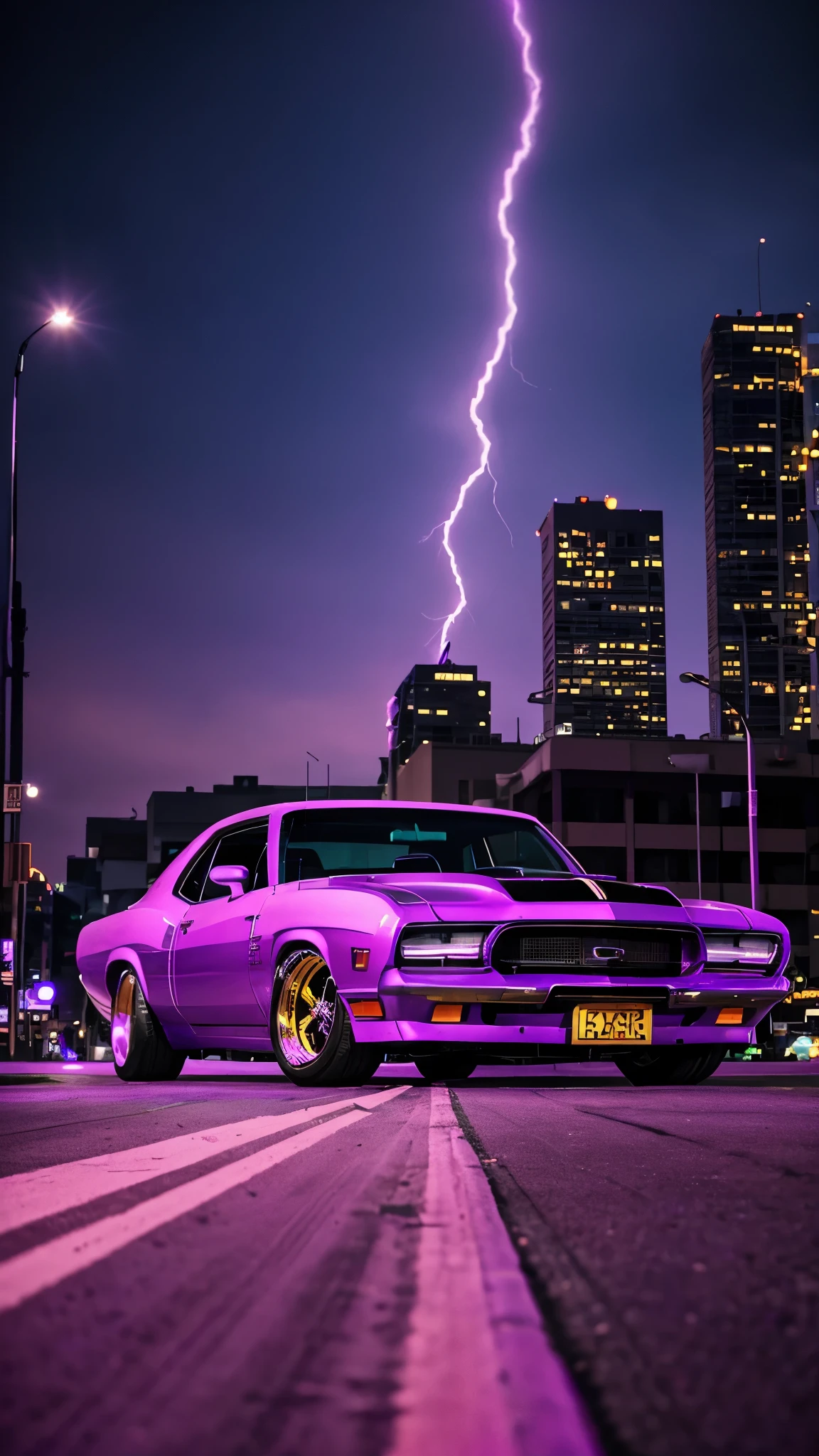 purple car with hood open on street with buildings in background, lowrider style, swagger! lowrider culture, purple neon, muscle cars, purple glow, lowriders, glowing purple, ultraviolet and neon colors, purple - tinted, low purple flame, purple tornado, purple color lighting, purple lightning, neon purple, car photography, moody purple glow light, auto photography