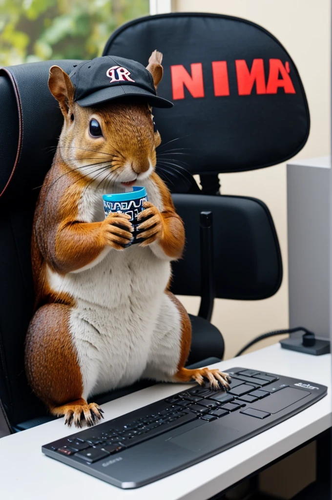 Create an image of a squirrel who is playing on his PC and sitting in his gaming chair. , Also, on his t-shirt and cap he has the letters APR