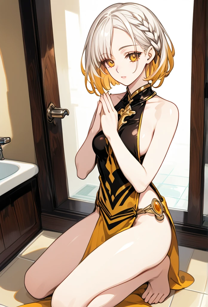 Mature woman, mature face, gentle face, glossy lips, golden eye color, golden eyes, gentle eyes, (braid hairstyle, bob hair, white hair, yellow gradient hair color, glossy hair), slender body, medium breast, thick thighs, saintess clothes, string panties, bathroom, praying pose, crouching, spreading legs, ohogao face, view from above, , ohogao face, pervert face, front view