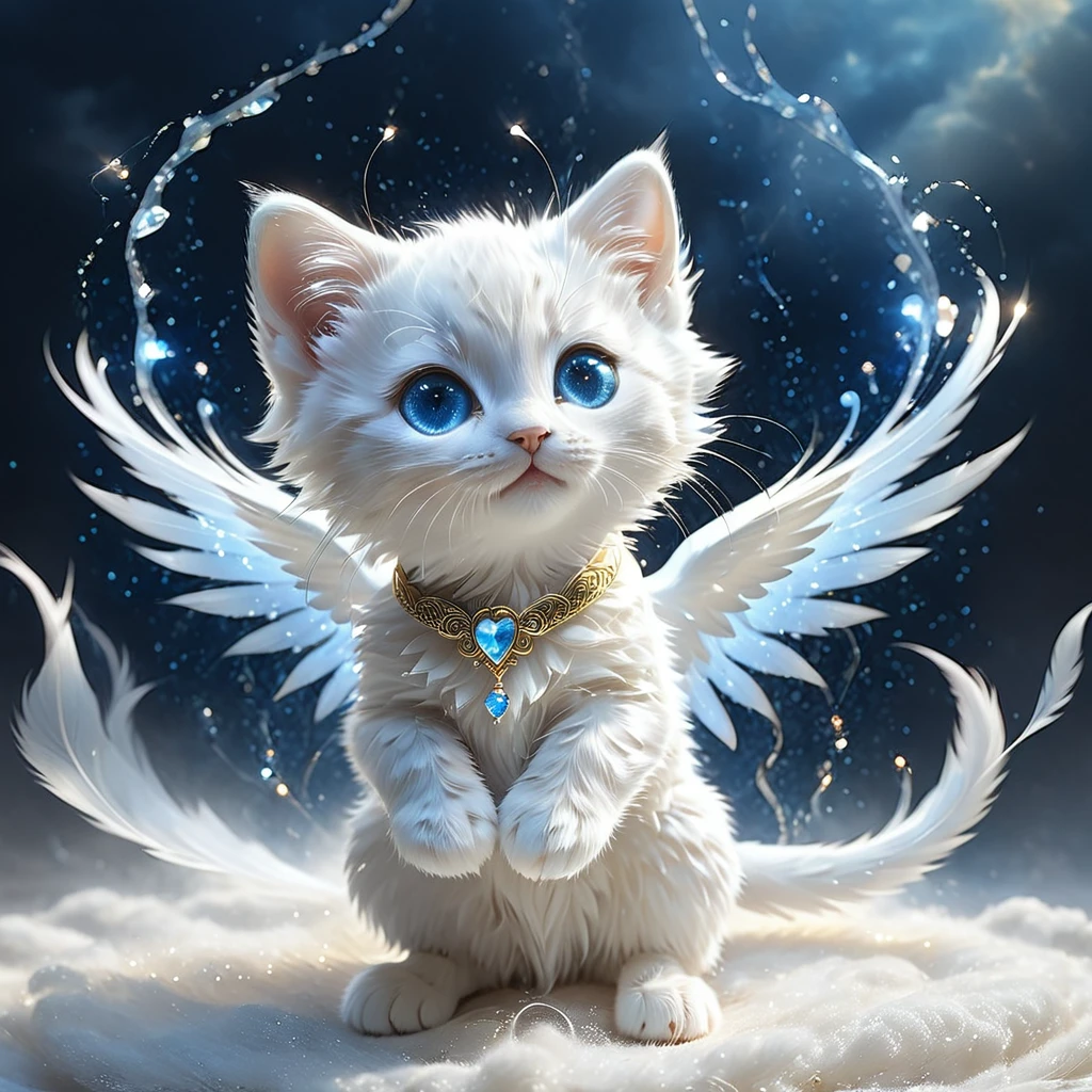 C4tt4stic, Anthropomorphic cute animal character, dressed and bipedal, with human-like posture. The cute animal has human-like limbs and a three-headed body. The cute animal is a white furry kitten with blue eyes, surrounded by countless light particles, each particle shining brightly and intensely. The cute animal has the appearance of an angel, spreading its wings, and is dressed in white cloth, the background is inspired by a palace in the sky, mystical, fantasy art, exquisite details, Jean-Baptiste Monge style, Alan Lee style, anthropomorphic blue-eyed white furry kitten, movie scene, dramatic shot angle, atmospheric particles, realistic, raw cinematic photorealism, action portrait, 8k, detailed, full frame