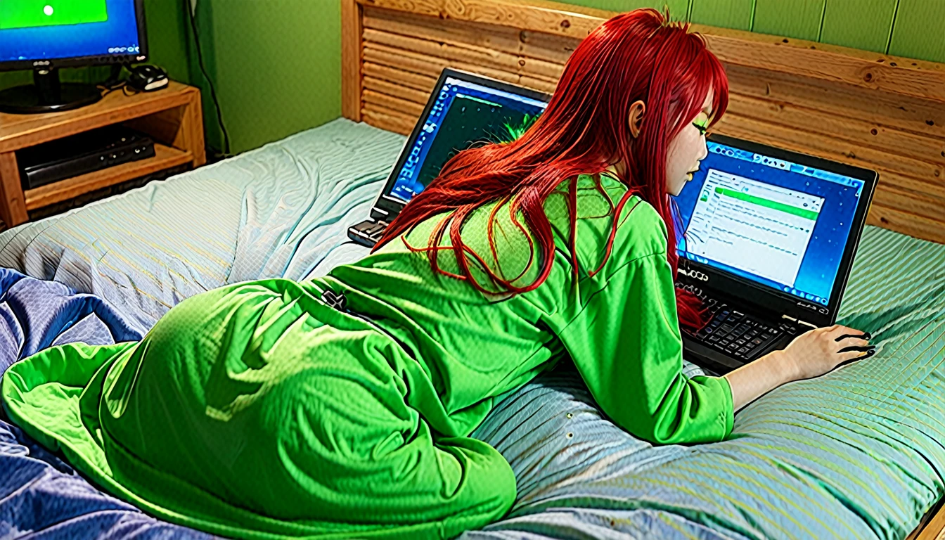 Uhd, photo of Cami, subject: Noriko, 1/2 Japanese 1/2 Hainu skinny girl with long red hair lying in a bed using the lit portable computer placed in front of her on the bed, viewed from behind, blue+++ eye, LGBTQIA+, queer, punk style, wearing green long nightgown. Background: wooden bedroom.