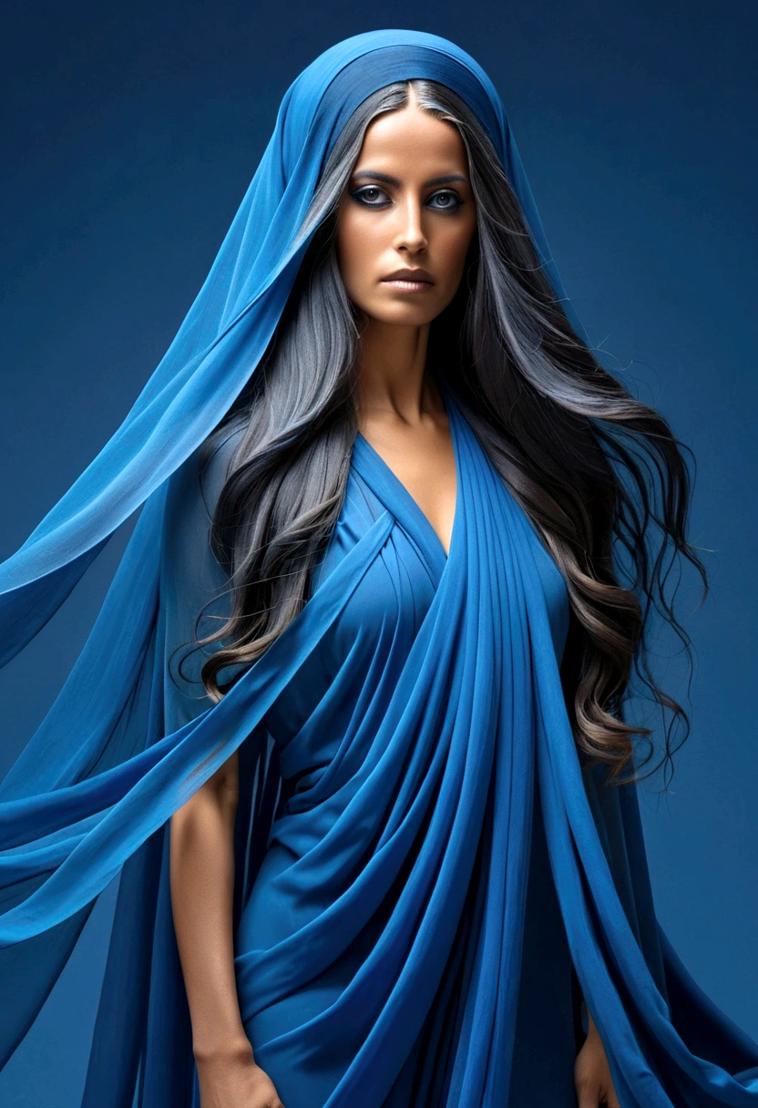 Iemanja orixa with full body dressed in blue and face covered by a blue veil and long, loose hair