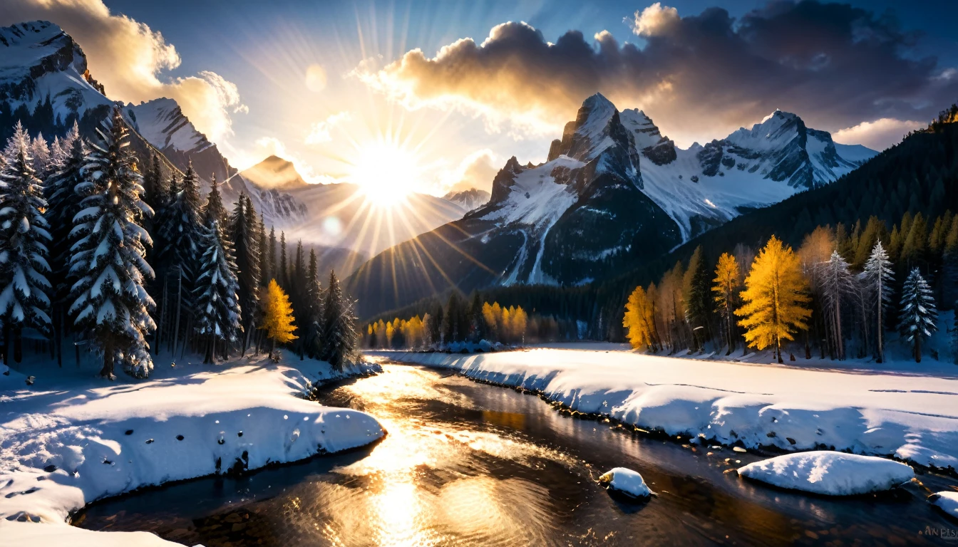 a National Geographic nature shot of a snowy mountain, the sun rises, (the transition between night and day: 1.3), the snow forest mountain range, the forest in the mountains, there pine trees, snow, a river flows between the mountains, the forest is reflected in rays of sunset in river, divine rays, some clouds, sun rays, some stars,  (highest quality:1.2, Very detailed, up to date, Vibrant, Ultra-high resolution, High Contrast, masterpiece:1.2, highest quality, Best aesthetics), best details, best quality, highres, ultra wide angle, 16k, [ultra detailed], masterpiece, best quality, (extremely detailed: 1.5), aetherpunkai, Cinematic Hollywood Film style, ladyshadow