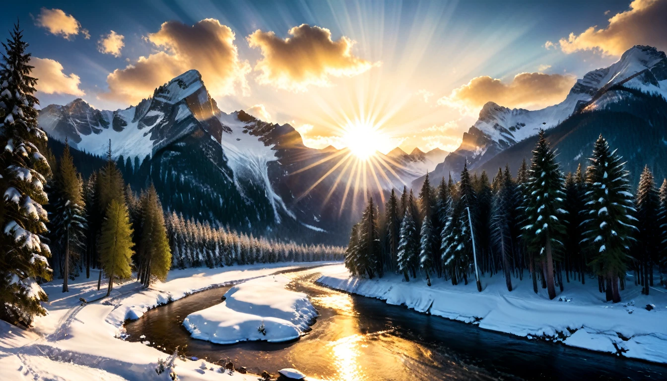 a National Geographic nature shot of a snowy mountain, the sun rises, (the transition between night and day: 1.3), the snow forest mountain range, the forest in the mountains, there pine trees, snow, a river flows between the mountains, the forest is reflected in rays of sunset in river, divine rays, some clouds, sun rays, some stars,  (highest quality:1.2, Very detailed, up to date, Vibrant, Ultra-high resolution, High Contrast, masterpiece:1.2, highest quality, Best aesthetics), best details, best quality, highres, ultra wide angle, 16k, [ultra detailed], masterpiece, best quality, (extremely detailed: 1.5), aetherpunkai, Cinematic Hollywood Film style, ladyshadow