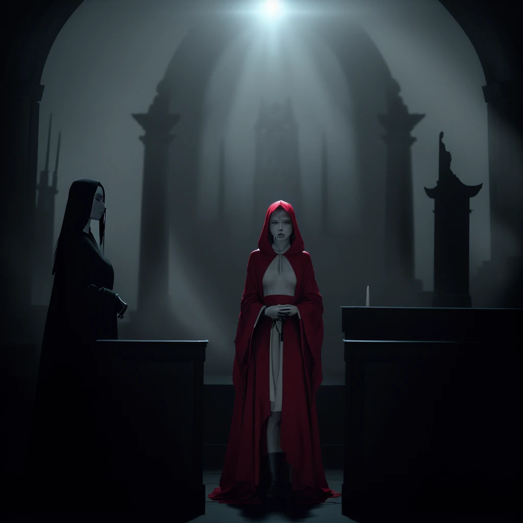 (very sharp result, cinematic desaturated photo) (((dramatic shading))), (((Best Quality))), (((masterpiece))) (((hyper realistic photo))) in starwars universe, gloomy sacred horror magical mood, dramatic backlight shadow, wide view of a sith temple, gothical room ambience, there`s many high priestess japanese girl in black cult hoodie, during a sacrifice ritual, pale skin, mysterious sinister bright red eyes sit at the centre of ritual altar, surrounded by high priestesses