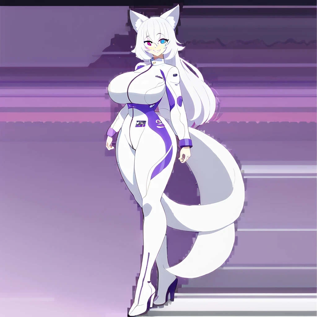 beautiful white neko, long white neko ears, white neko tail, anime style, purple eye, blue eye, big breasts, extremely detailed eyes and face, Wearing White and Purple Race Suit, white long hair, heterochromia, wide waist, mature woman, black small beauty mark under right eye, Full body, Smile, Wink, Purple Sound Waves