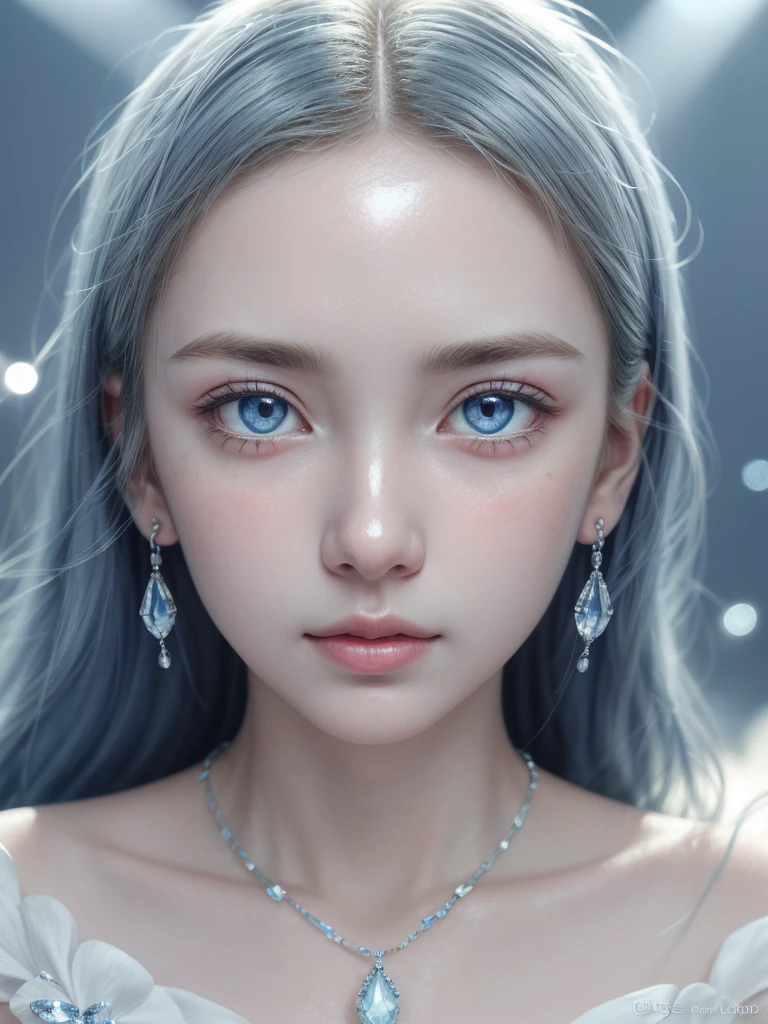 masterpiece, best quality, illustration, sax blue, platinum earrings, platinum necklace, white dress, 1girl, cute, (dynamic lighting:1.2), cinematic lighting, delicate facial features, detailed eyes, sharp pupils, realistic pupils, depth of field, bokeh, sharp focus, (hyper-detailed, bloom, glow:1.4), many small gems