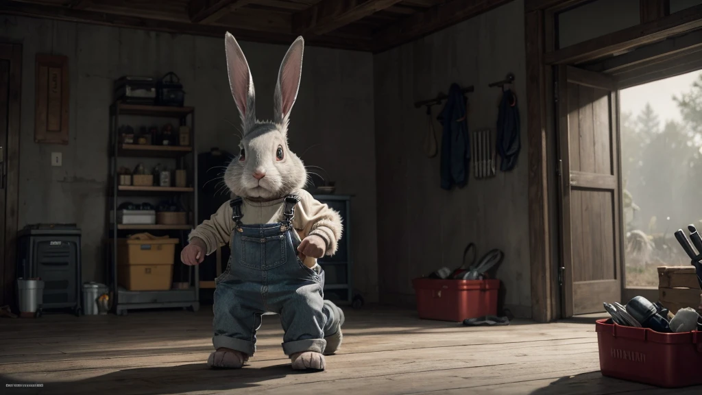 gray rabbit wearing overalls and iron toolbox, cinematic lighting, pixar, 1080P, 1080P, HD, 4K, 16K, 1080P, 1080P