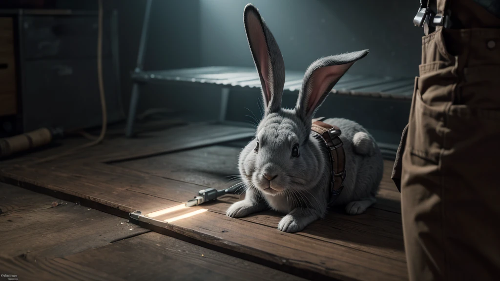 gray rabbit wearing overalls and iron toolbox, cinematic lighting, pixar, 1080P, 1080P, HD, 4K, 16K, 1080P, 1080P
