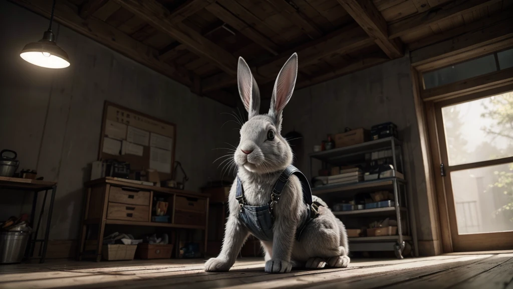 gray rabbit wearing overalls and iron toolbox, cinematic lighting, pixar, 1080P, 1080P, HD, 4K, 16K, 1080P, 1080P
