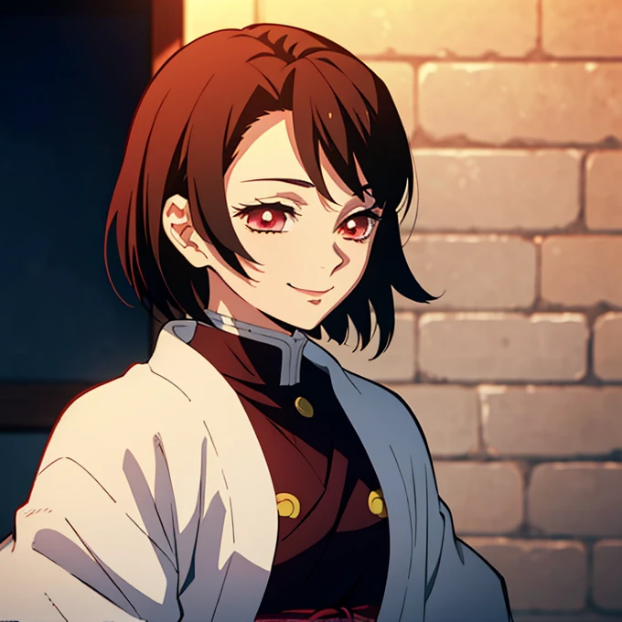 Kimetsu no yaiba style best quality 0.8,beautiful Dark hair.  short hair (short above the shoulders) . Young woman with detailed red eyes (red eyes) dull and sad detailed. droopy eyes. warm face, his face has dirt, foreground. katana. smile,happy. (Alone) (in a training camp) (wooden katana) (sunny day) smiling kindly. foreground (detailed face) (Women) (famale) greeting someone with a smile 