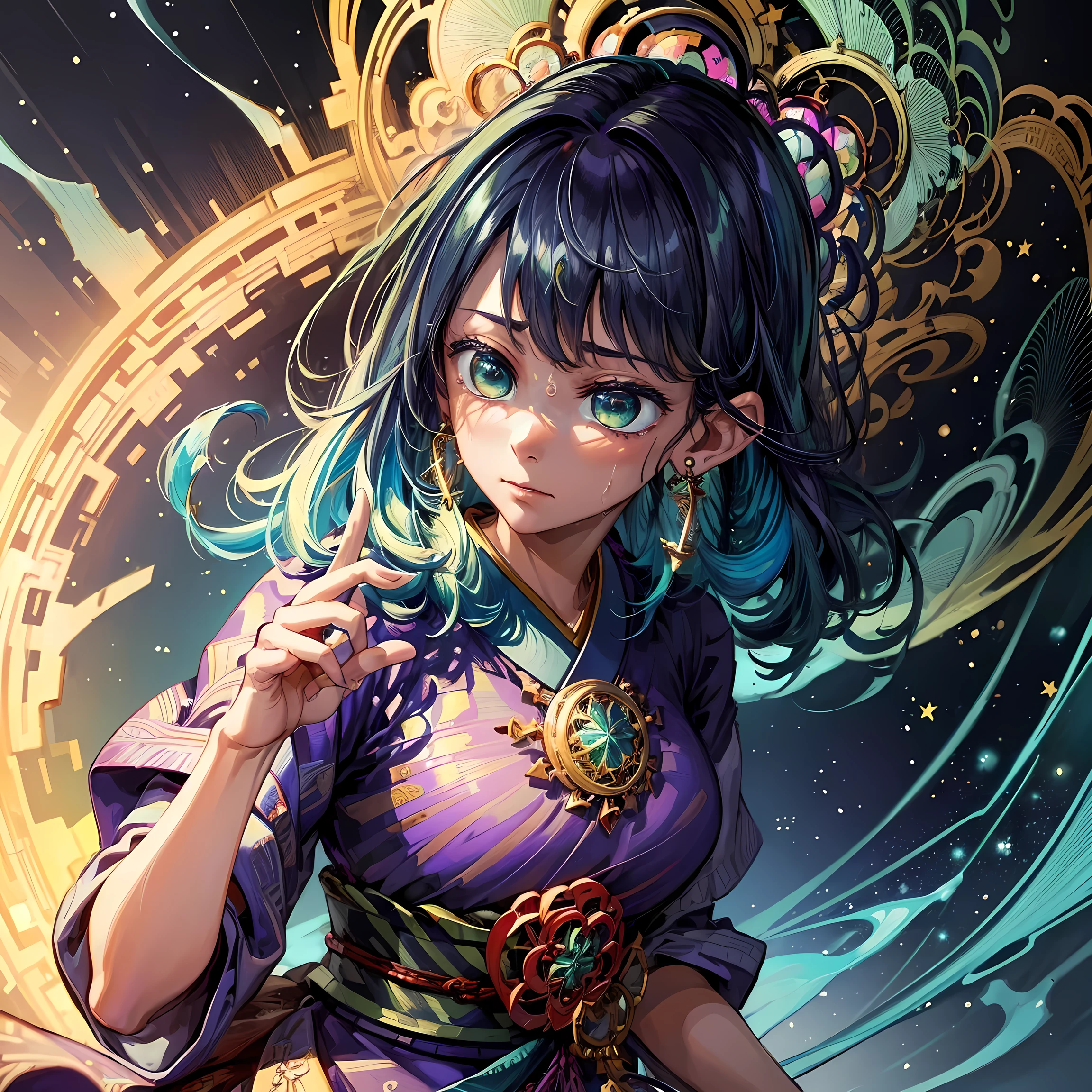 (Masterpiece, Top quality, best quality, Official art, beautiful and aesthetic:1.2), (1 girl:1.3), extremely detailed, (fractal art:1.1), (colorful:1.1), more detailed, (zentangle:1.2 ), (dynamic pose), (abstract background:1.5), (Japanese dress:1.2), (shiny skin), (many colors:1.4), (earrings:1.4), tall body, tall, long legs, mature woman, mature, adult, , eft_oshi_akane, alone, 1 girl, blue hair, looking at viewer, medium hair, bangs, closed mouth, green eyes, multi-colored hair, short hair, hand up, sweat, discolored hair, blue eyes, more details XL