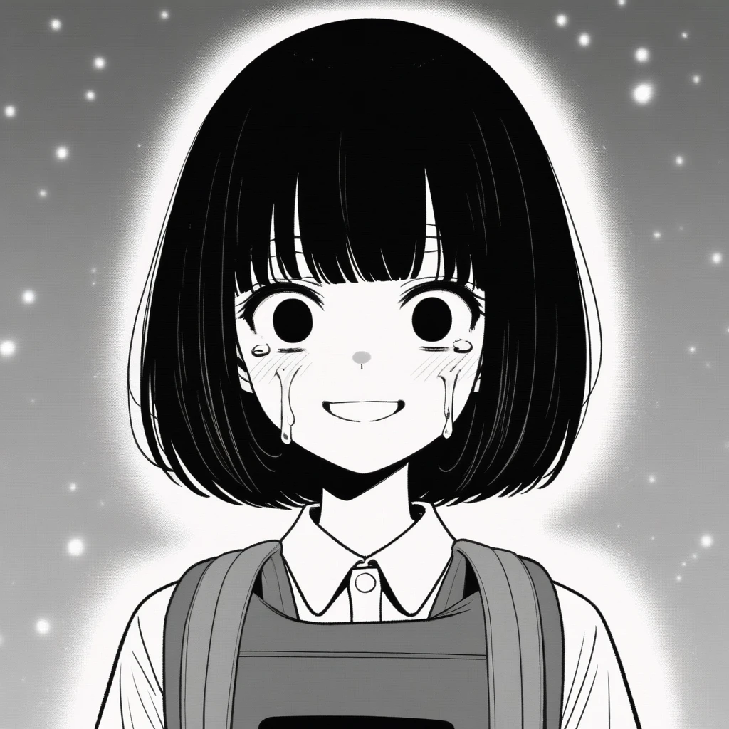 masterpiece, best quality, 1girl, mamerakkkkko, grayscale, manga style, japanese, chi no wadachi, black eyes, street, iced, black hair, schoolbag, smile, lineart, white background, white shirt, grey shorts, centered, 18 years old, tall, fair skinned, bokeh background, crying, tears, straight-on, tears streaming, bob cut, light particles, bold text above head, centered
