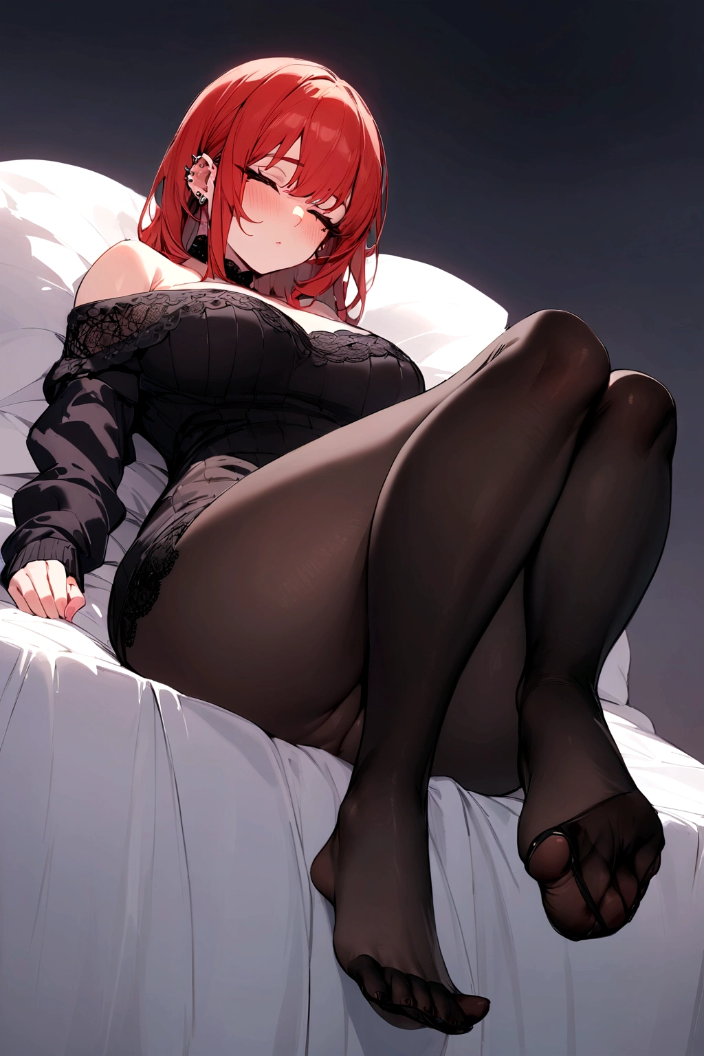 ((Best Quality)), ((Masterpiece)), (detailed), 1 miss , off shoulder sweater, showing feet,with modern gothic style clothing , with a very very red face , and with great shame ,with accessories,and with piercings ,showing your feet ,bottomless ,and with an image perspective seen from below,let the full body be seen ,sitting on a bed ,with the reddest face ,very sleepy ,lying down ,with a simpler style and lace clothing ,big thighs,,no extra fingers ,and that both feet are seen correctly and without malformations ,black tights,with a very peaceful and tender look