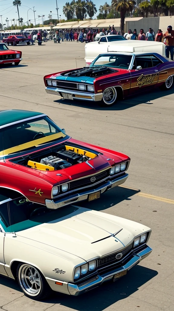 A scene of a lowrider competition in Compton California, with lowrider cars bouncing with hydraulics. Take inspiration from GTA San Andreas, Latino Lowrider culture, GTA Style, gta art