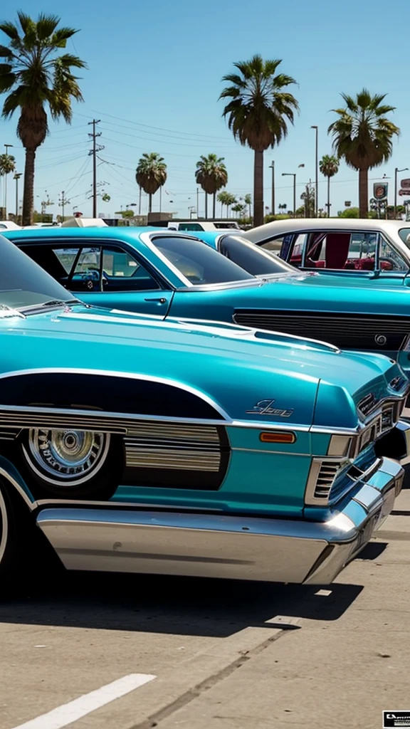 A scene of a lowrider competition in Compton California, with lowrider cars bouncing with hydraulics. Take inspiration from GTA San Andreas, Latino Lowrider culture, GTA Style, gta art