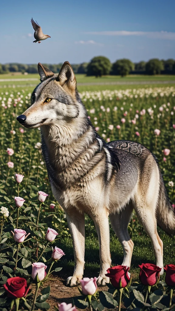 A wolf in a rosefield, with a little bird sitting on his back.