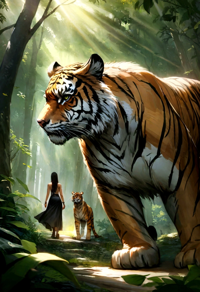 best quality,ultra-detailed,realistic:1.37,tiger,forest,2girls,lush greenery,sunlight filtering through the trees,captivating scenery,majestic,striking,ferocious,sleek black stripes,piercing eyes,graceful movements,powerful muscles,predator in its natural habitat,fierce,untamed beauty,rich texture,immersive atmosphere,Nature's masterpiece,sublime,raw energy,dappled sunlight,hidden depths,mysterious shadows,rustling leaves,rays of golden light,harmony with nature,seamless blend,explore,admire,awe-inspiring,roar of the wild,adventure awaits,unforgettable experience