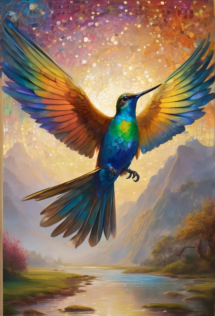Colibrí volando in the center of the image , lenormand oracle,Beautiful line art photo,Use gold strokes and rainbow paint,Golden Maiden,the golden ratio,Melted wax,Visible brush strokes,surrounded by crystal spheres,3D Mosaic Wireframe,neuroimaging,neurons,colours,California,intense emotion,Oil on canvas,Thick strokes,insanely details,8k ultra high definition,tmasterpiece,art stations,ultra-realistic realism,