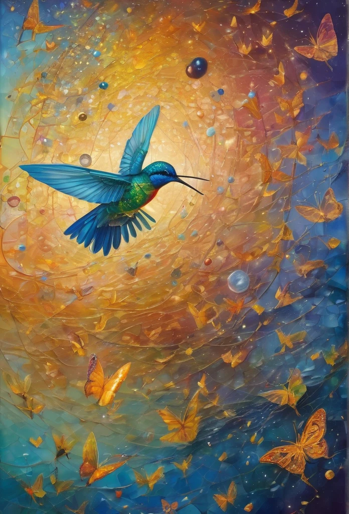 Colibrí volando in the center of the image , lenormand oracle,Beautiful line art photo,Use gold strokes and rainbow paint,Golden Maiden,the golden ratio,Melted wax,Visible brush strokes,surrounded by crystal spheres,3D Mosaic Wireframe,neuroimaging,neurons,colours,California,intense emotion,Oil on canvas,Thick strokes,insanely details,8k ultra high definition,tmasterpiece,art stations,ultra-realistic realism,