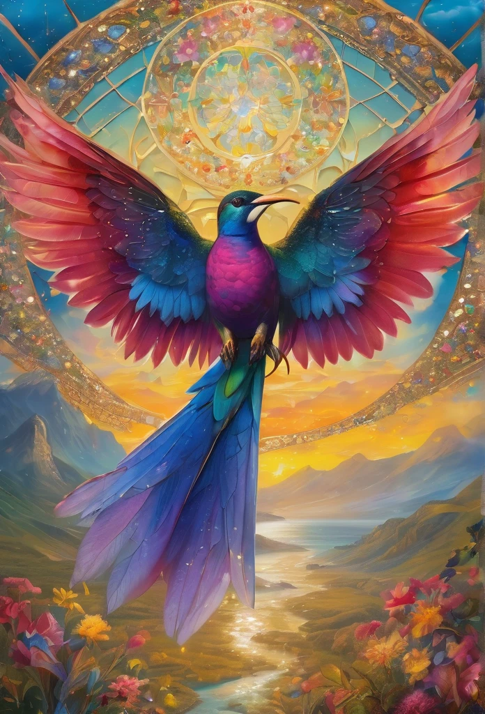Colibrí volando in the center of the image , lenormand oracle,Beautiful line art photo,Use gold strokes and rainbow paint,Golden Maiden,the golden ratio,Melted wax,Visible brush strokes,surrounded by crystal spheres,3D Mosaic Wireframe,neuroimaging,neurons,colours,California,intense emotion,Oil on canvas,Thick strokes,insanely details,8k ultra high definition,tmasterpiece,art stations,ultra-realistic realism,