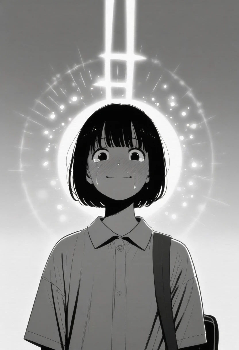 masterpiece, best quality, 1girl, mamerakkkkko, grayscale, manga style, japanese, chi no wadachi, black eyes, street, iced, black hair, schoolbag, smile, lineart, white background, white shirt, grey shorts, centered, 18 years old, tall, fair skinned, bokeh background, crying, tears, straight-on, tears streaming, bob cut, light particles, bold text above head, centered