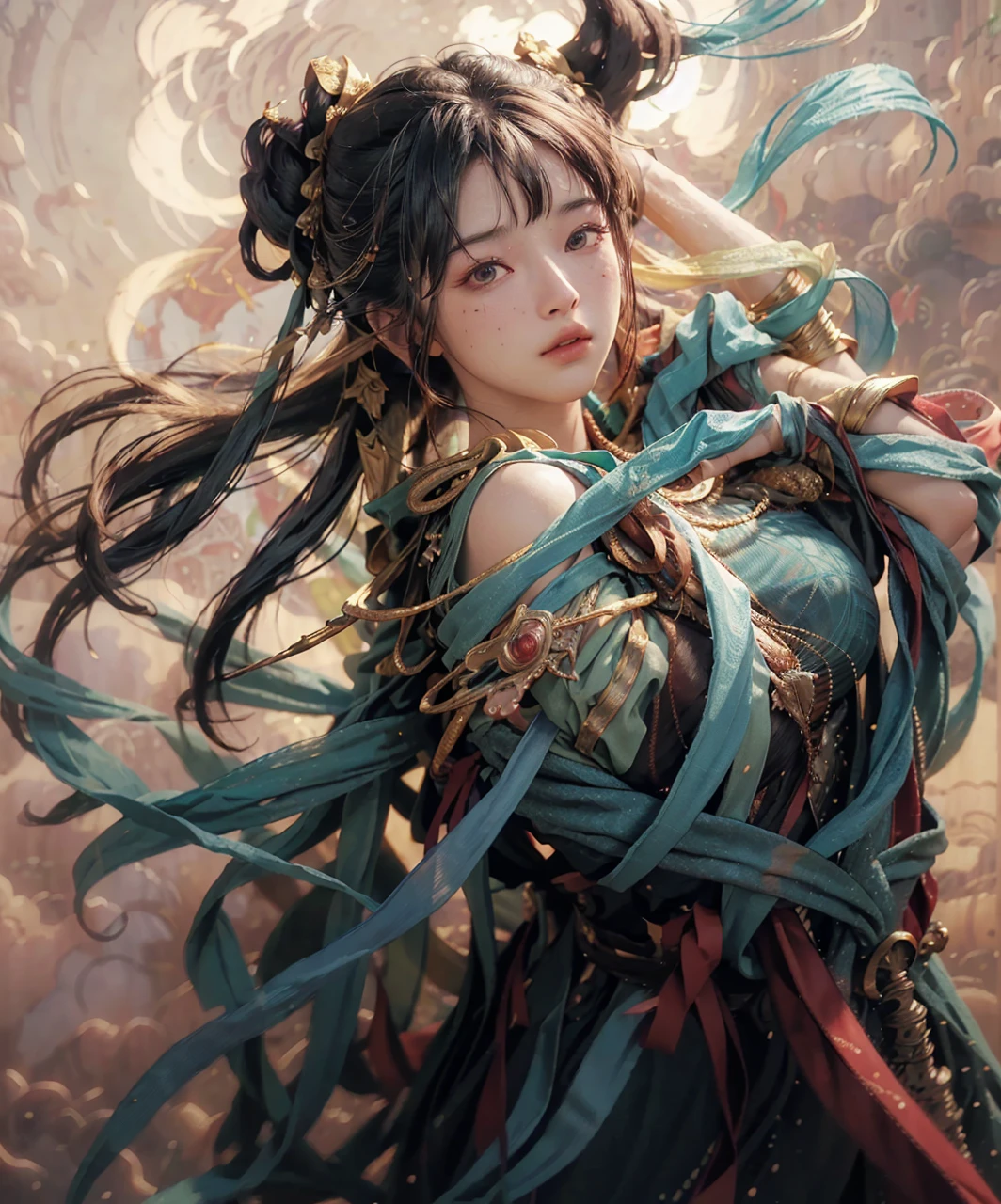 (RAW photo, best quality), (realistic, photo-realistic:1.3),best quality,highly detailed,masterpiece,ultra-detailed,illustration,1girl,upper_body,dynamic angle,world masterpiece theater,messy_long_hair,best quality,extremely detailed CG unity 8k wallpaper,ink,Amazing,cinematic lighting,lens_flare, dunhuang_style