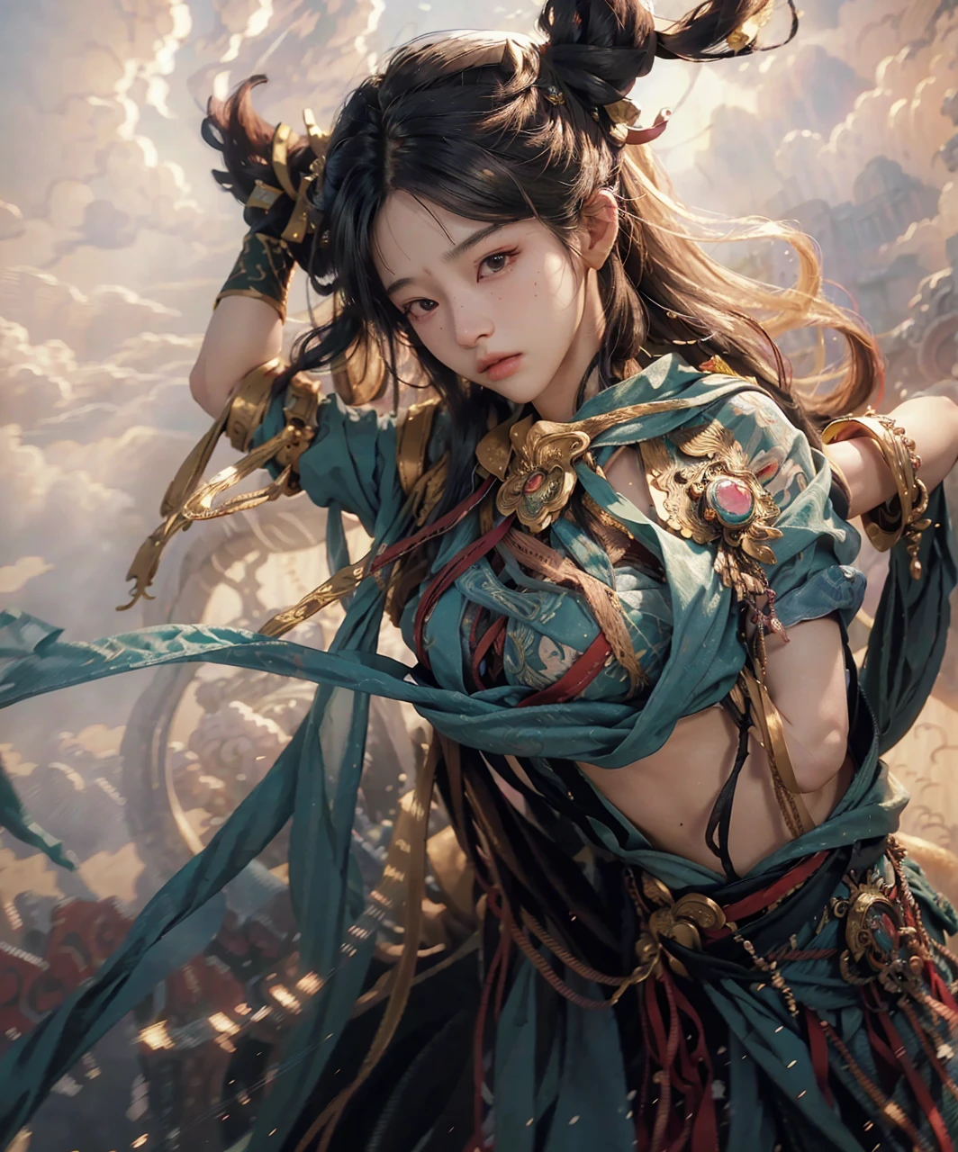 (RAW photo, best quality), (realistic, photo-realistic:1.3),best quality,highly detailed,masterpiece,ultra-detailed,illustration,1girl,upper_body,dynamic angle,world masterpiece theater,messy_long_hair,best quality,extremely detailed CG unity 8k wallpaper,ink,Amazing,cinematic lighting,lens_flare, dunhuang_style