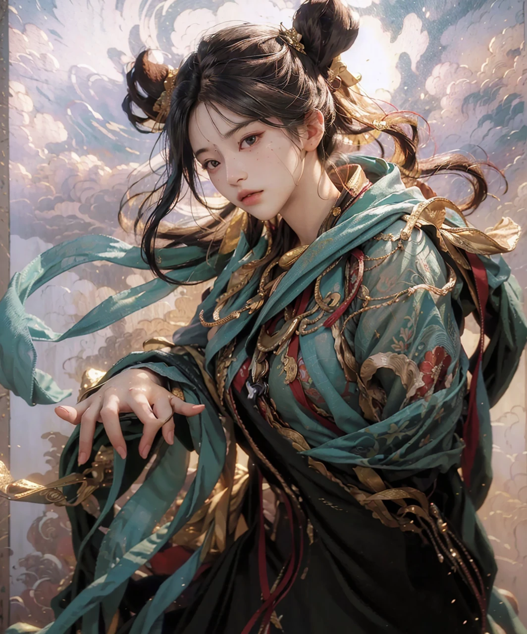 (RAW photo, best quality), (realistic, photo-realistic:1.3),best quality,highly detailed,masterpiece,ultra-detailed,illustration,1girl,upper_body,dynamic angle,world masterpiece theater,messy_long_hair,best quality,extremely detailed CG unity 8k wallpaper,ink,Amazing,cinematic lighting,lens_flare, dunhuang_style