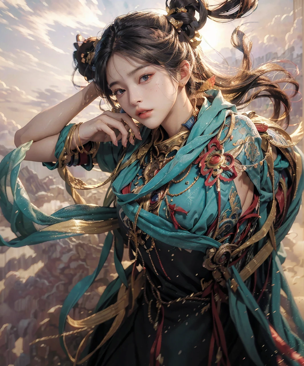 (RAW photo, best quality), (realistic, photo-realistic:1.3),best quality,highly detailed,masterpiece,ultra-detailed,illustration,1girl,upper_body,dynamic angle,world masterpiece theater,messy_long_hair,best quality,extremely detailed CG unity 8k wallpaper,ink,Amazing,cinematic lighting,lens_flare, dunhuang_style