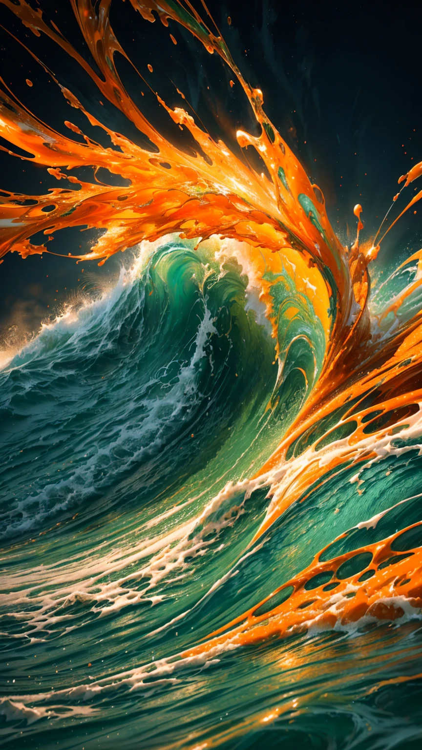 arafed image of a wave with orange and green splashes, 3d digital art 4k, abstract liquid, abstract 3d artwork, swirling liquids, 3d fluid simulation render, intricate flowing paint, digital artwork 4k, digital art 8k, digital art 8k, intricate artwork. octane render, swirling fluid, 4k highly detailed digital art