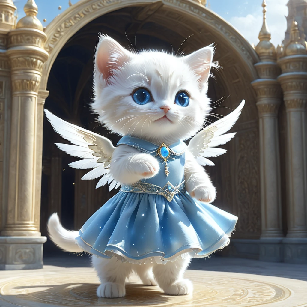 C4tt4stic, Anthropomorphic cute animal character, dressed and bipedal, with human-like posture. The cute animal has human-like limbs and a three-headed body. The cute animal is a white furry kitten with blue eyes, wearing a beautiful white dress, there are countless light particles around, each particle shines brightly and intensely. The cute animal has the form of an angel and spreads its wings, the background is an image of a palace in the sky with bright sunlight, mysterious space, fantasy art, exquisite details, Jean-Baptiste Monge style, Alan Lee style, anthropomorphic blue-eyed white furry kitten, movie scene, dramatic shot angle, atmospheric particles, real, raw movie photorealism, action portrait, 8k, detailed, full frame