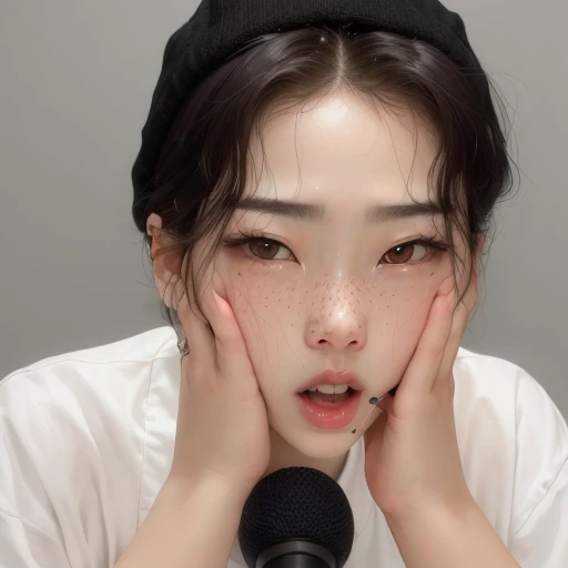 a close-up of a person with hands on their face, adorable and pale korean face, Jimin\the right eyelid is swollen, Tae June Kim, she is facing the camera, close up face, asian face, your face flushed and sweaty, Jungkook, close do rosto, showing forehead, clear and cute face, felix de straykids, freckles and drawn mouth