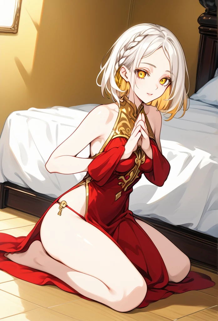 Mature woman, mature face, gentle face, glossy lips, golden eye color, golden eyes, gentle eyes, (braid hairstyle, bob hair, white hair, yellow gradient hair color, glossy hair), slender body, medium breast, thick thighs, saintess clothes, string panties, bedroom, praying pose, kneeling, view from above, side view