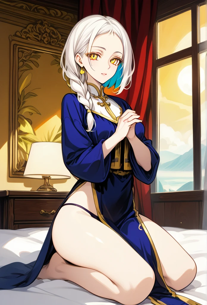 Mature woman, mature face, gentle face, glossy lips, golden eye color, golden eyes, gentle eyes, (braid hairstyle, bob hair, white hair, yellow gradient hair color, glossy hair), slender body, medium breast, thick thighs, saintess clothes, string panties, bedroom, praying pose, kneeling, view from above, side view