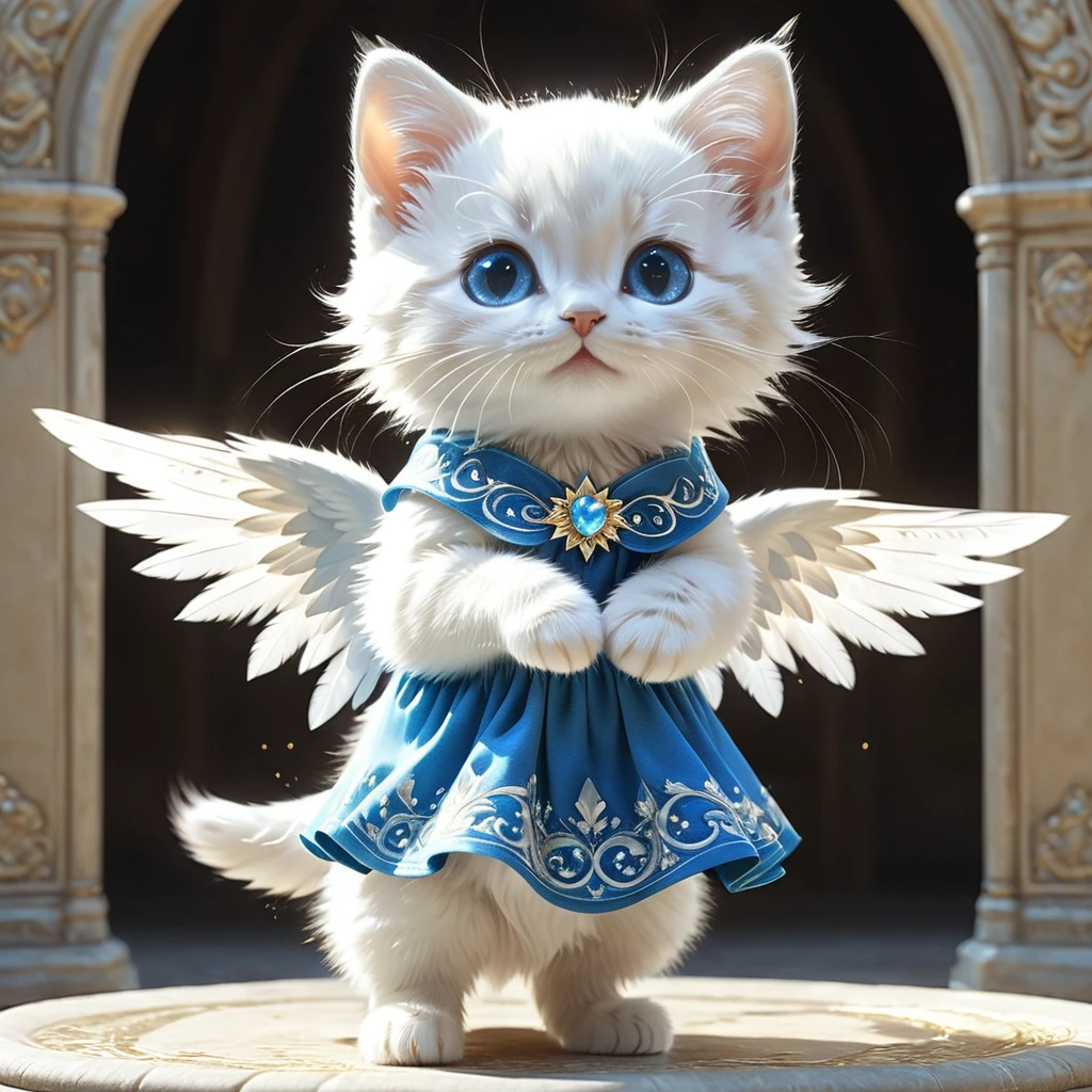 C4tt4stic, Anthropomorphic cute animal character, dressed and bipedal, with human-like posture. The cute animal has human-like limbs and a three-headed body. The cute animal is a white furry kitten with blue eyes, wearing a beautiful white dress, there are countless light particles around, each particle shines brightly and intensely. The cute animal has the form of an angel and spreads its wings, the background is an image of a palace in the sky with warm sunlight, mysterious space, fantasy art, exquisite details, Jean-Baptiste Monge style, Alan Lee style, anthropomorphic blue-eyed white furry kitten, movie scene, dramatic shot angle, atmospheric particles, real, raw movie photorealism, action portrait, 8k, detailed, full frame