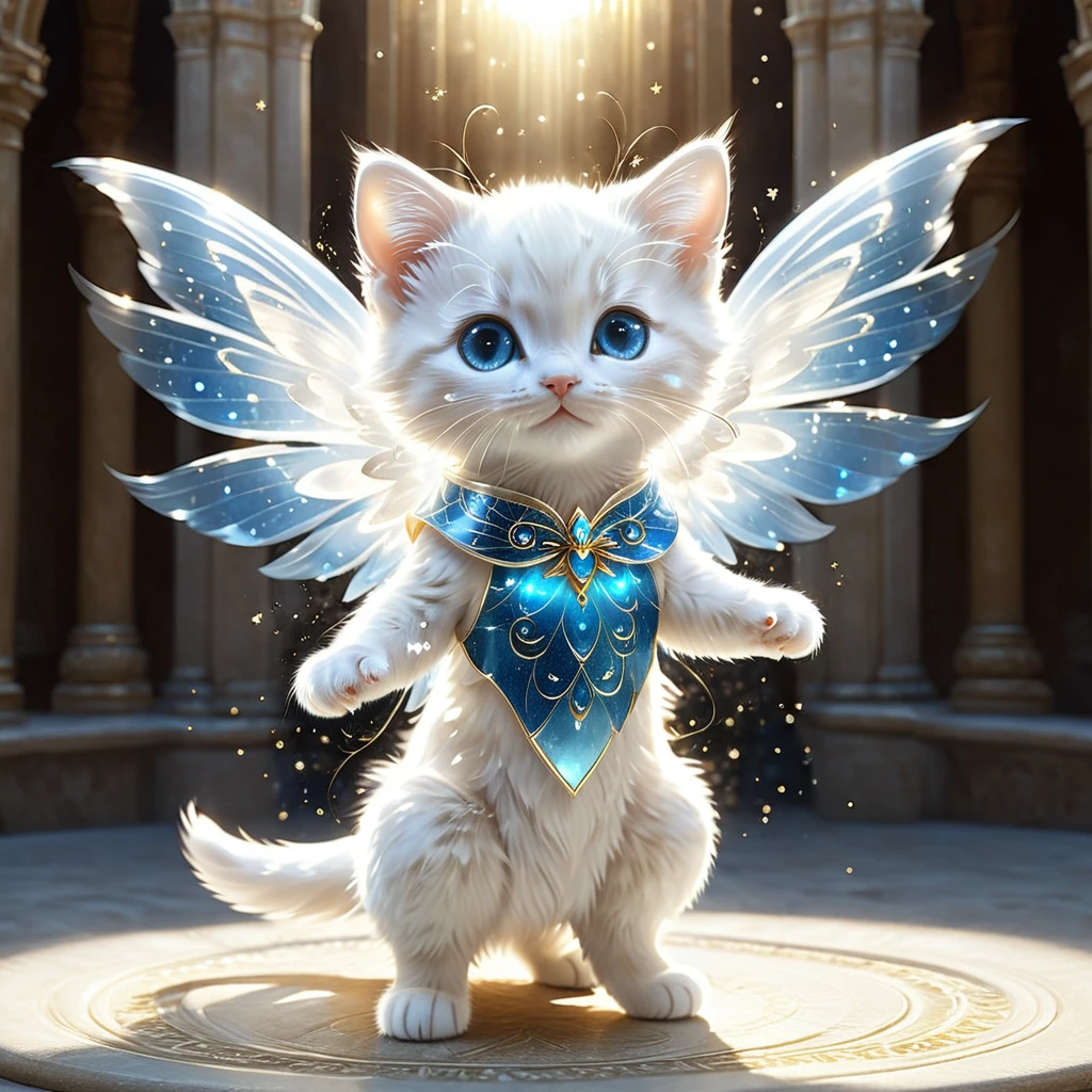 C4tt4stic, Anthropomorphic cute animal character, dressed and bipedal, with human-like posture. The cute animal has human-like limbs and a three-headed body. The cute animal is a white furry kitten with blue eyes, wearing a beautiful white dress, there are countless light particles around, each particle shines brightly and intensely. The cute animal has the form of an angel and spreads its wings, the background is an image of a palace in the sky with warm sunlight, mysterious space, fantasy art, exquisite details, Jean-Baptiste e style, Alan Lee style, anthropomorphic blue-eyed white furry kitten, movie scene, dramatic shot angle, atmospheric particles, real, raw movie photorealism, action portrait, 8k, detailed, full frame